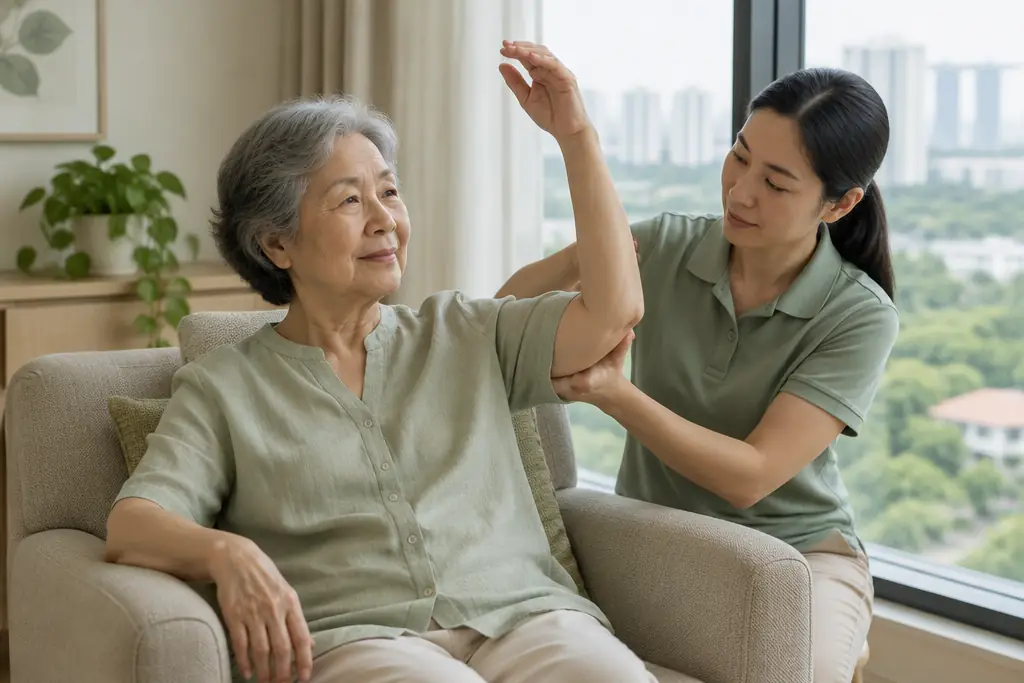 An older woman raising her arm in a gentle exercise, a physiotherapist supporting her elbow