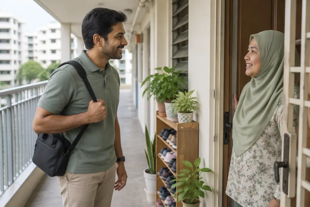 A physiotherapist arriving at the door of an HDB flat, greeted by a family member