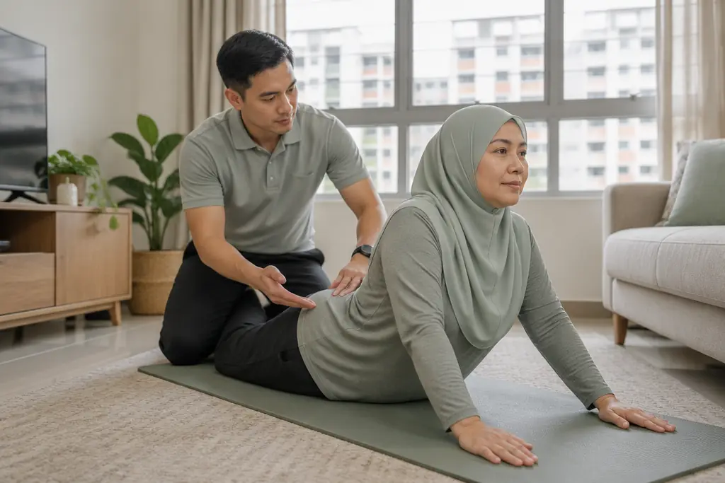 A woman doing a gentle back stretch on a mat at home while a physiotherapist shows the movement