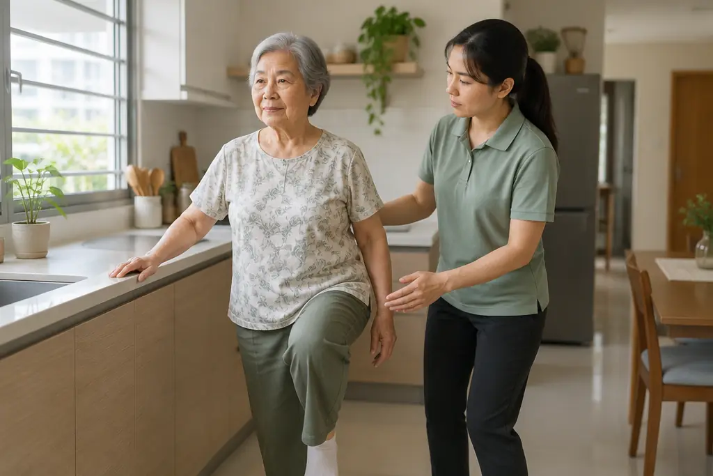 An older woman practising her balance at the kitchen counter, a physiotherapist close beside her