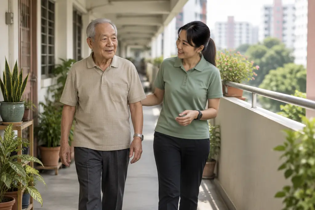An older man walking along the corridor outside his flat with a physiotherapist beside him