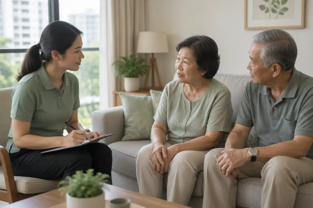 A physiotherapist taking notes while talking with an older couple on their sofa