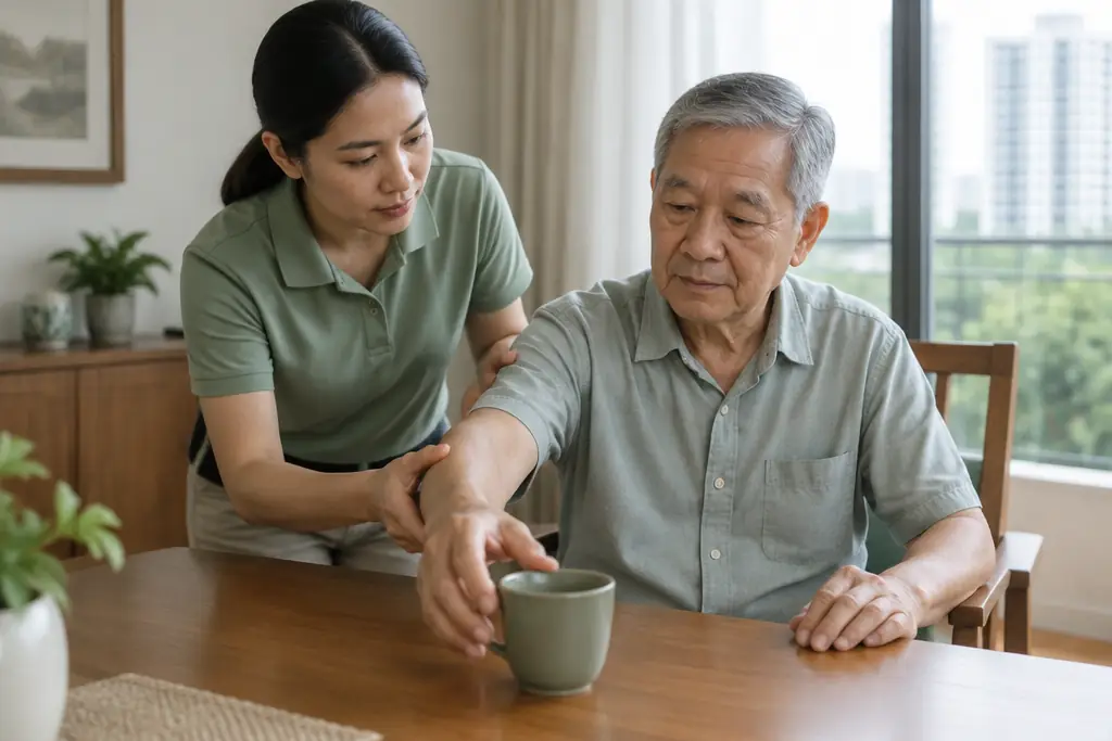An older man practising moving a cup at the table, a physiotherapist guiding his arm