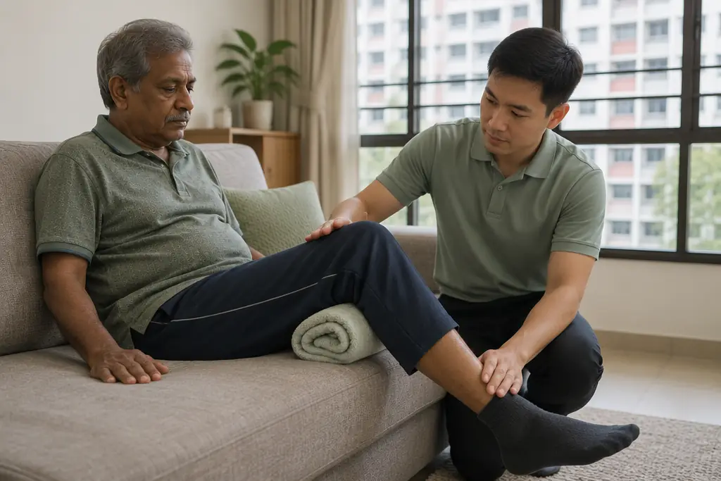 A physiotherapist guiding an older man’s knee exercise as he sits on his sofa