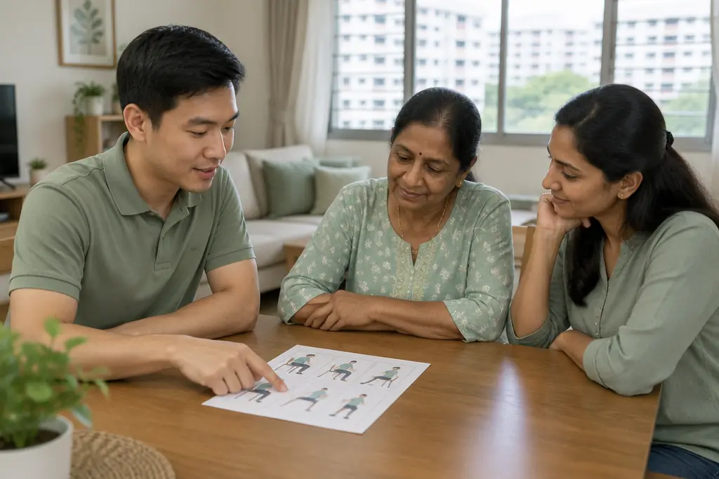 A physiotherapist going over an exercise plan at the dining table with an older woman and her daughter