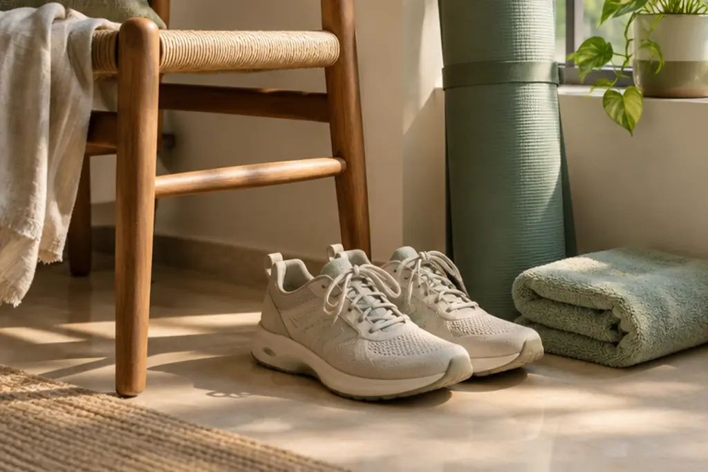 Walking shoes, a rolled exercise mat and a towel beside a chair near a sunny window