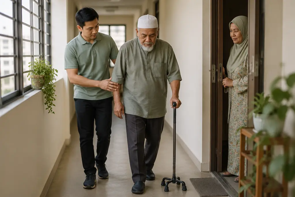 A physiotherapist walking beside an older man who uses a walking stick in his flat, his wife watching from a doorway