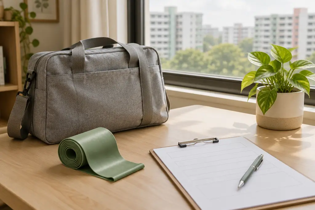 A physiotherapist’s bag, an exercise band and a clipboard on a table by a window